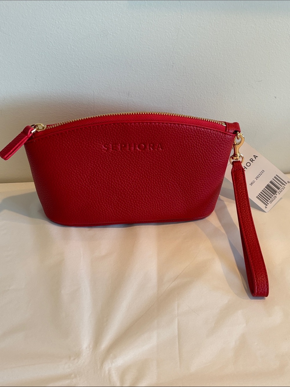Sephora Red Pebbled Wristlet Purse Gold Hardware make up bag travel pouch